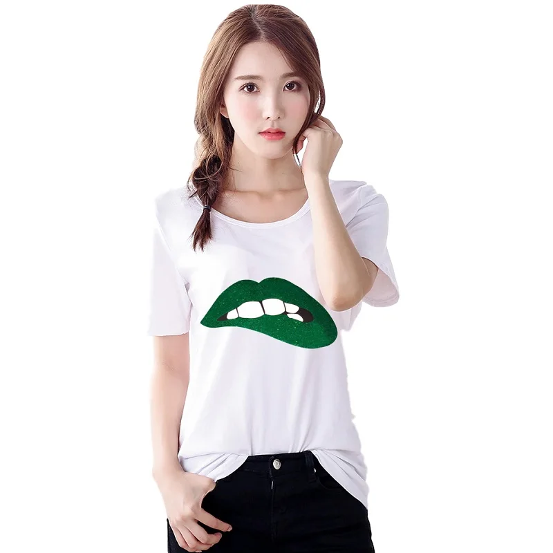 2018-Summer-Korean-style-White-female-T-shirt-Sexy-Red-Green-Lip-printing-Short-sleeve-Top