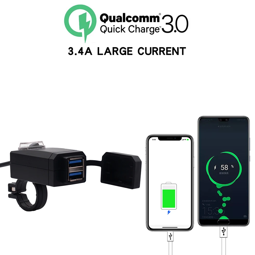 WUPP Universal QC3.0 USB Motorcycle Charger Waterproof Dual USB Quick Change 12V Power Supply Adapter for iphone Samsung Huawei