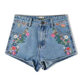 

Europe Style Flowers Embroidery Blue Denim Shorts Women High Waist Shorts 2017 Summer Boyfriend Sexy Plus Size Short Jeans femme