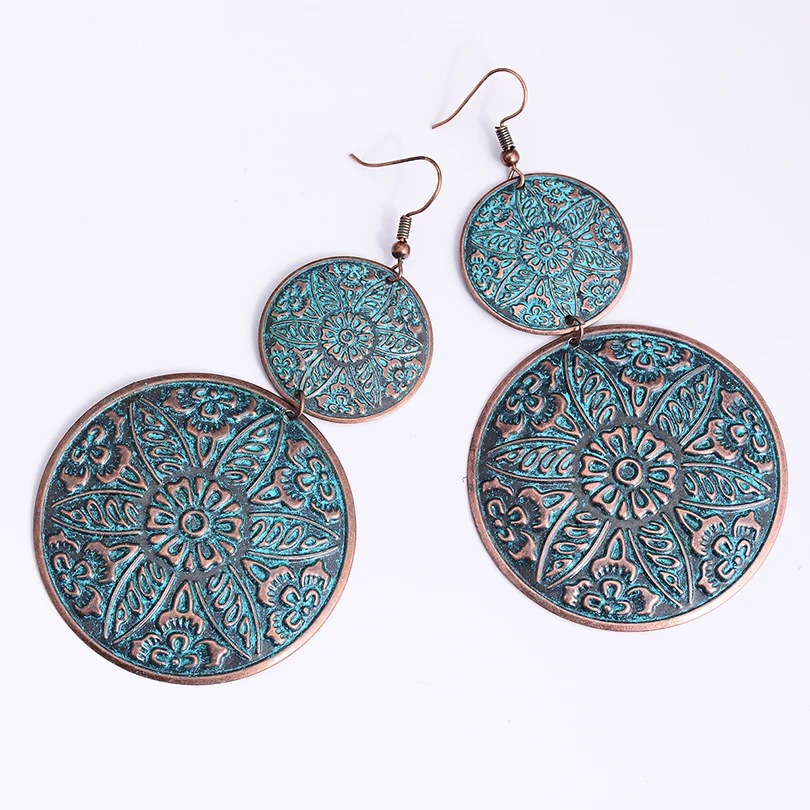 

Elegant Copper Blue Big Round Long Drop Earrings Ear Jewelry Bohemian Double Circle Tassel Dangle Earring For Women Party Gift