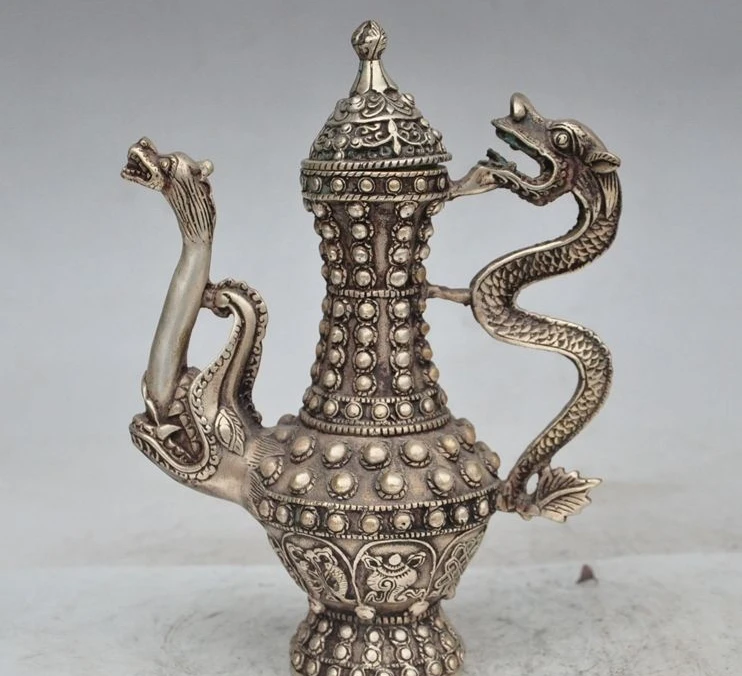 

8"Chinese palace silver Eight treasures Dragon handle statue Wine Tea Pot Flagon