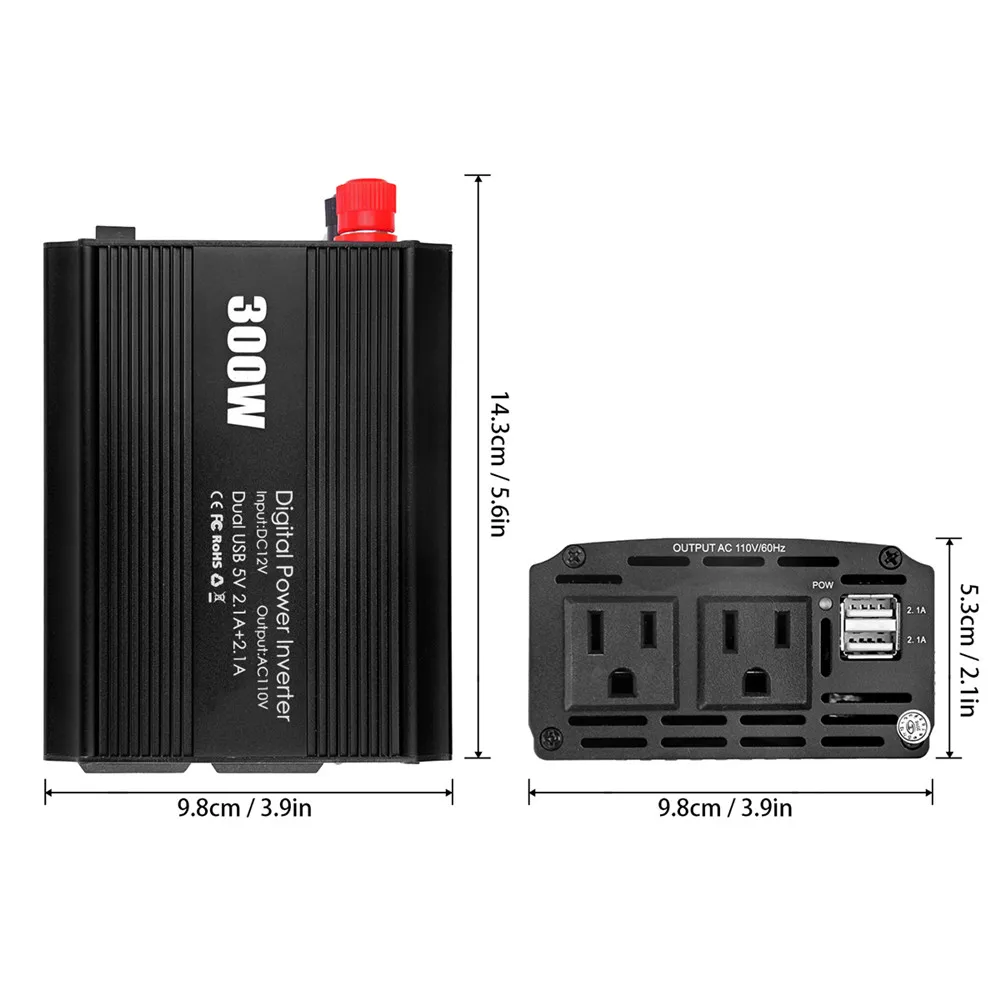 12 В постоянного тока в переменный ток 110V Авто Мощность, инвертор с чистым синусом и конвертер адаптер 300 Вт зарядных порта USB для автомобиля Зарядное устройство 600 Вт пиковый Мощность штепсельная вилка стандарта США
