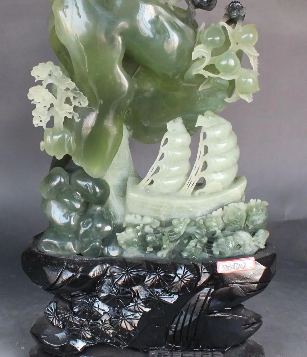 

16" Chinese Natural Green Jade Carving Fengshui Monkey Fish Ship Boat Sculpture