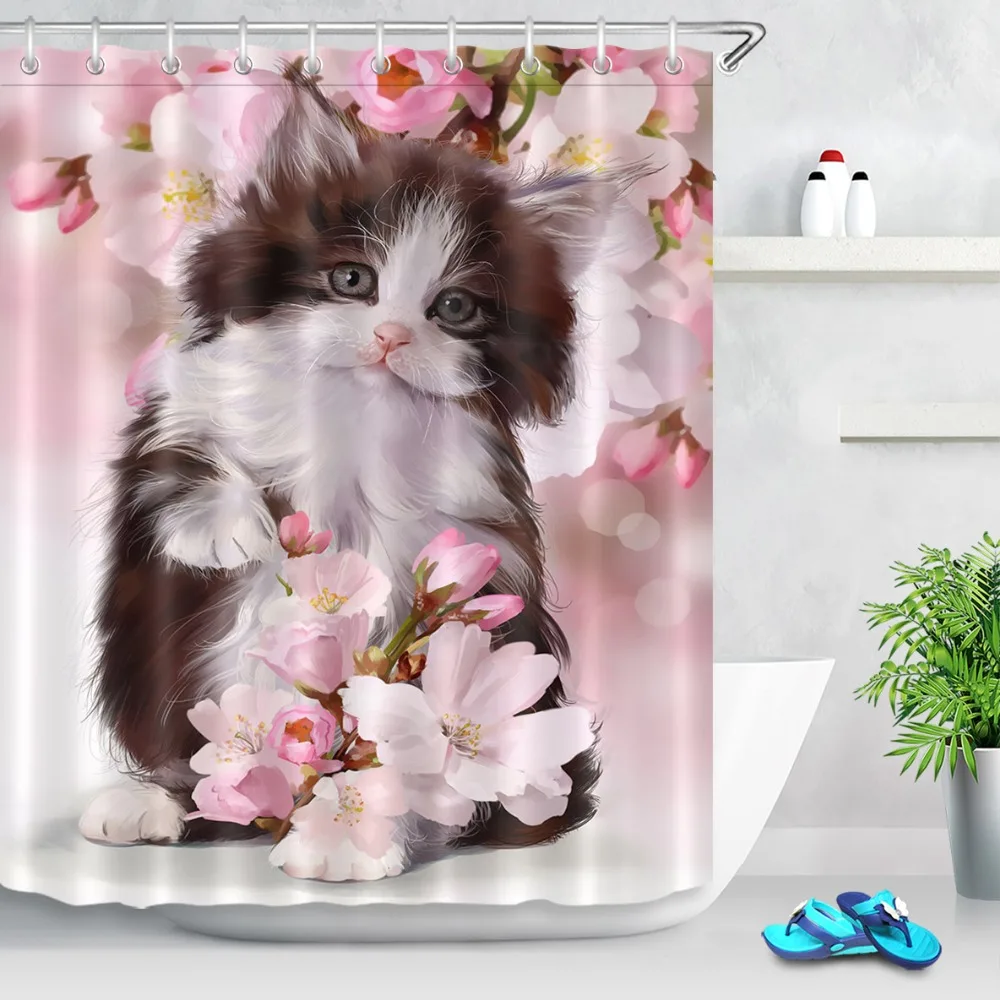 

72''3D Cute Cat Kitten Watercolor Shower Curtains Pink Flowers Waterproof Polyester Bathroom Curtain Fabric for Bathtub Decor