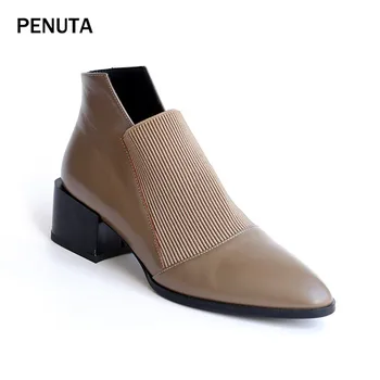 

PENUTA Women Genuine Leather Chelsea Boots Fashion Designer Winter Elastic Shoes Hot Sale Ladies Short Booties Size 34-40 PD901