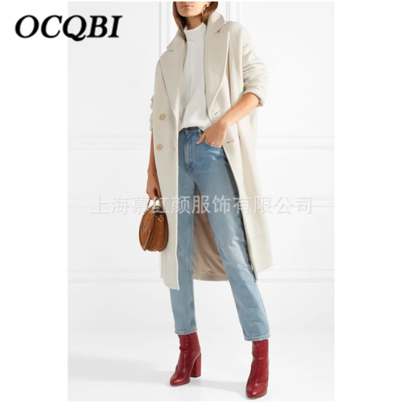 

2019 New Arrival Women Winter Woolen Coats Double Breasted Elegant Fashion White Long Coat