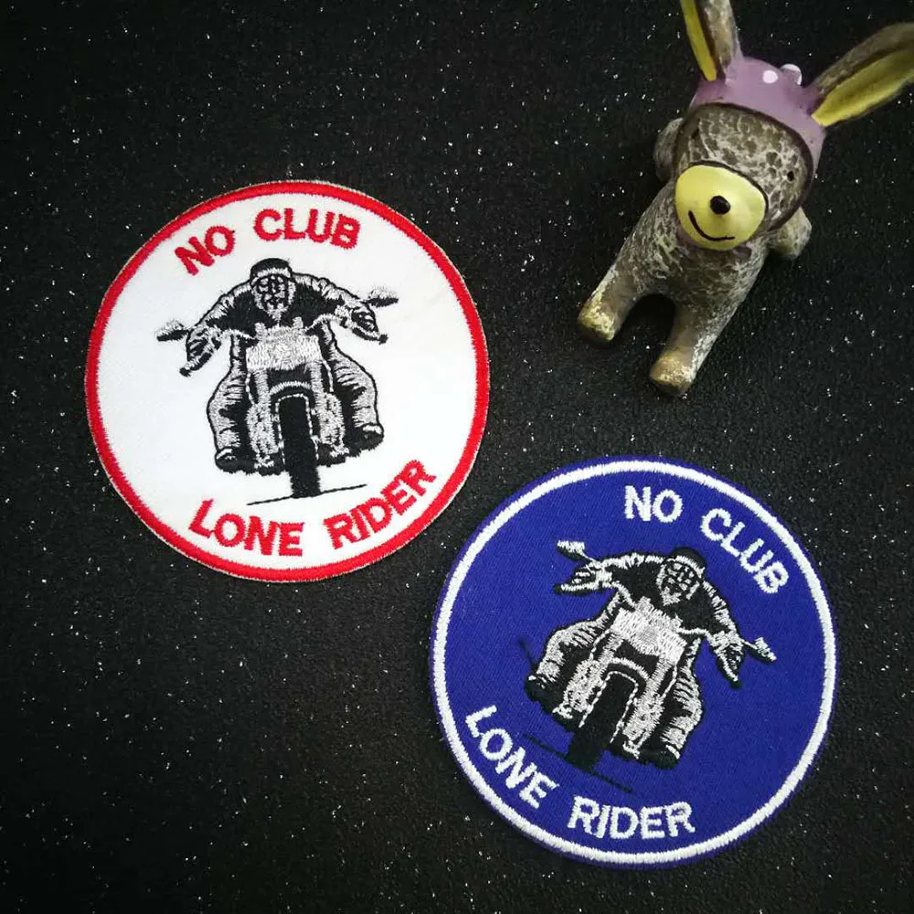 

NO CLUB LONE RIDER Embroidery biker patch metallic silver thread blue and red iron on Stickers Apparel Accessories badges
