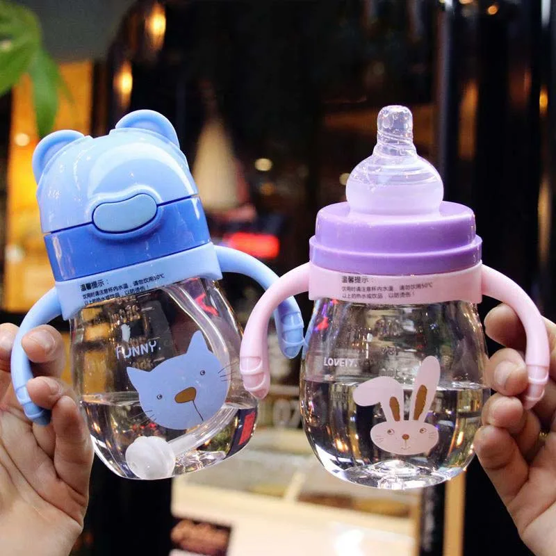 

320ml Baby 2 Use Bottle Tritan Children Learn Drink Cups Bouncing Cup Handles Cartoon Baby Drinking Water Handle Baby Bottle