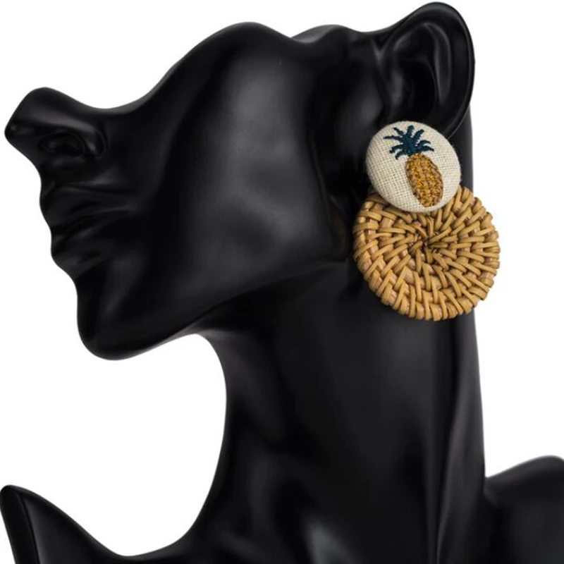 Handmade Pineapple Drop Earrings For Women Wooden Straw Weave Rattan Earrings Big Round Wedding Trendy Dangle Jewelry2019