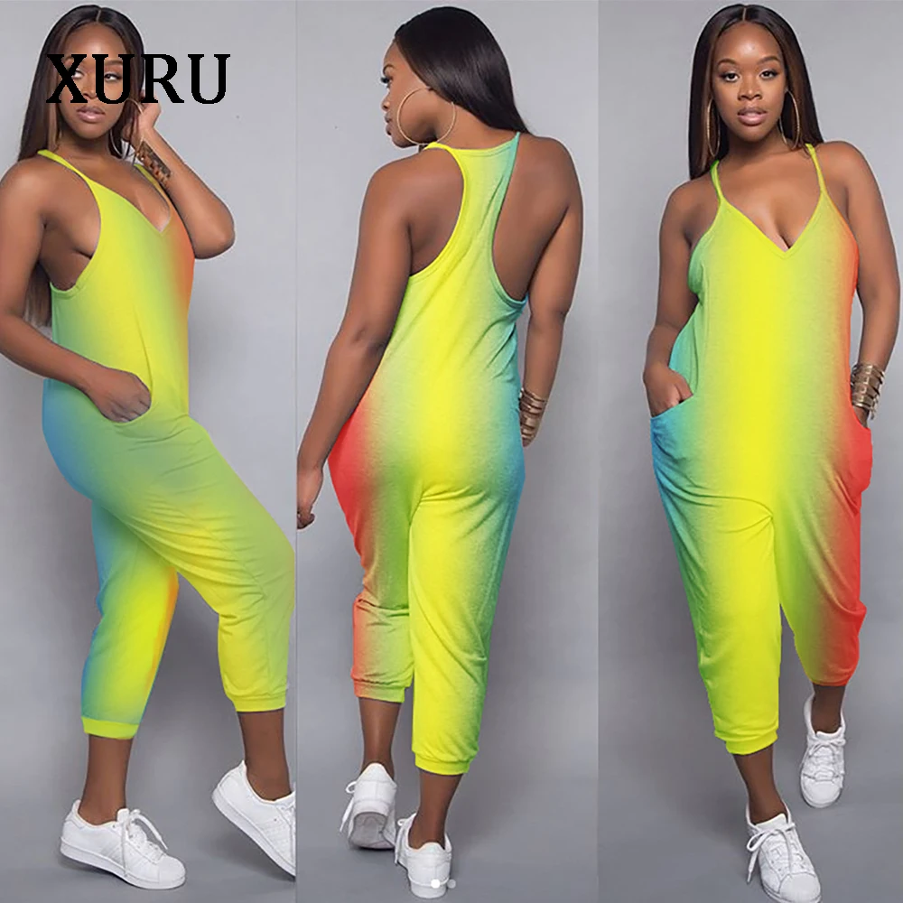 XURU Women Strap Sexy Jumpsuits 3/4 Pants Rompers Rainbow Print Sleeveless V Neck Pockets Jumpsuit Woman Comfortable Overalls Jumpsuits and Playsuits