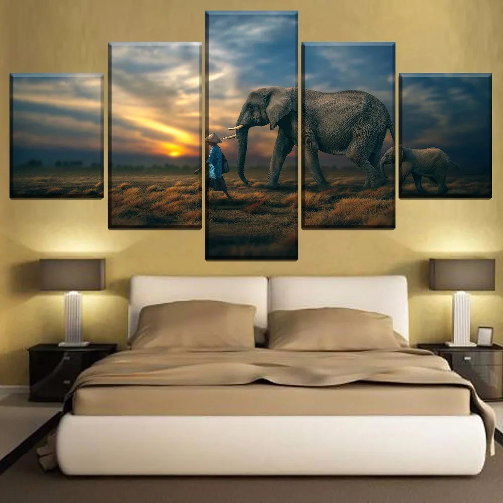 Popular Painting Modern HD Printing Type Home Decor Framework Wall Art Canvas Animal Picture 5 Panel Elephant And Farmers Poster | Дом и сад