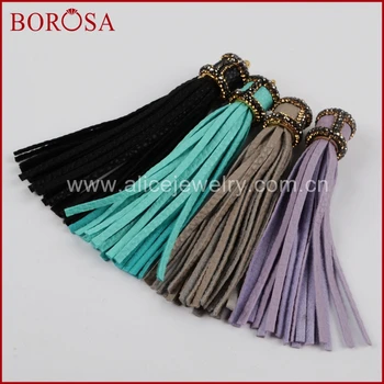 

BOROSA Rainbow Leather Tassel Charm Rhinestone Pave Long Tassel Finding Charm High Quality Fashion Jewelry JAB722