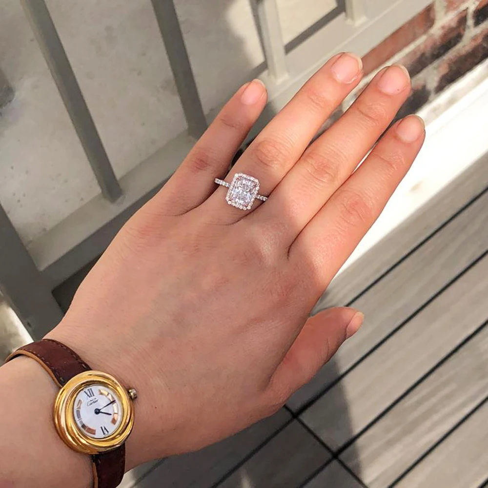 Solid 14k White Gold 2ct 4ct DF Moissanite Radiant Cut Moissanite Halo Stone Engagement Ring For Women