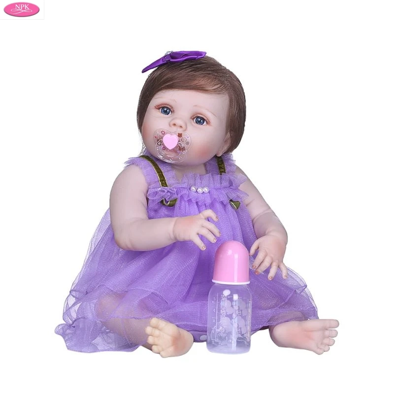 

22inch Full Silicone Newborn Lifelike Baby Doll Purple Tulle Skirt Bow Hair Clip Early Childhood Toy Baby Christmas Gifts OCT31