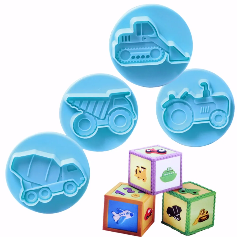 

4Pcs Car Shape Plastic Baking Mold,Kitchen Biscuit Cookie Cutter Pastry,Plunger Embossing Die Fondant Cake Decorating Tools
