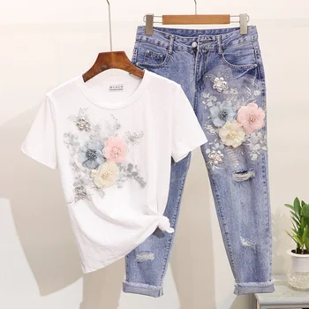 

2020 Spring Summer New Embroidery 3D Flower Print Cotton T-shirt + Holes Jeans Pants Suit Two Piece Casual Tops Women Set Suit