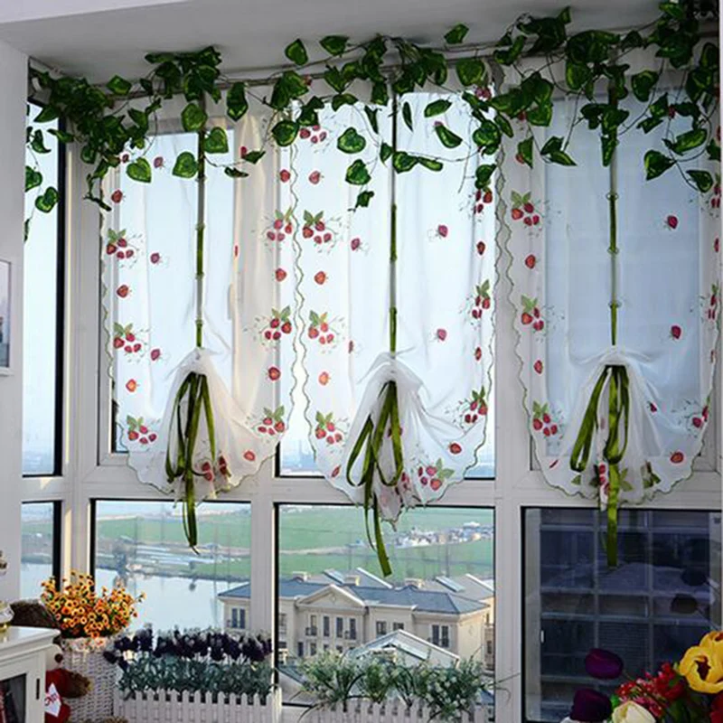 Кухонная занавеска с вышивкой клубники, пасторальные Оконные Занавески для кухни, гостиной, подвязки из растений, cortina cocina