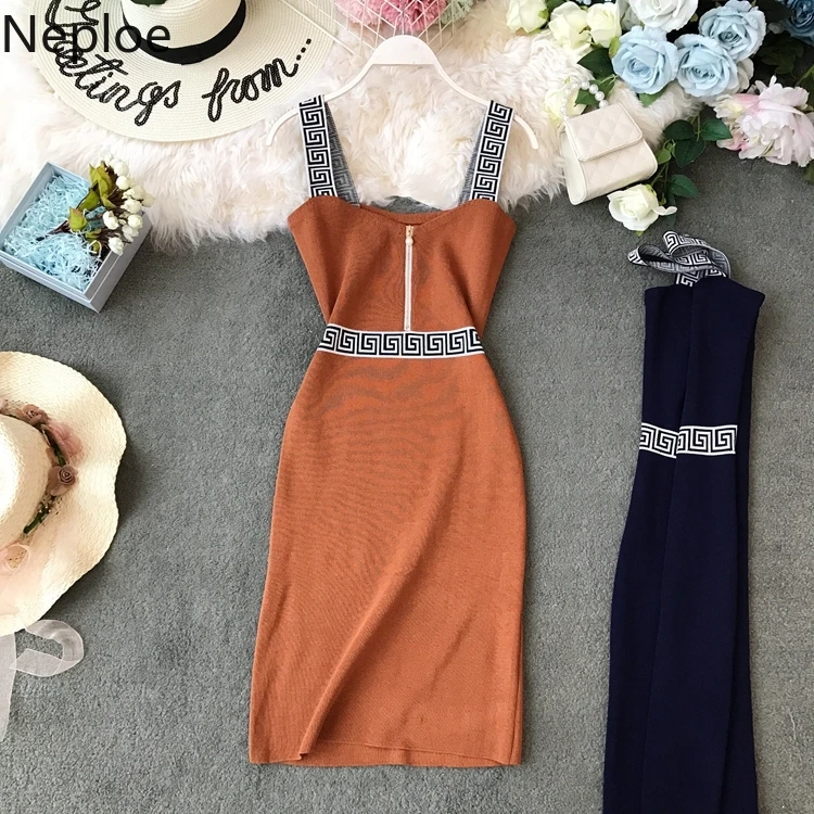 

Neploe Retro Suspender Knit Dress 2019 New Contrast Color Zipper Bodycon Vestidos Women Summer Slim Stretch Dress 52841