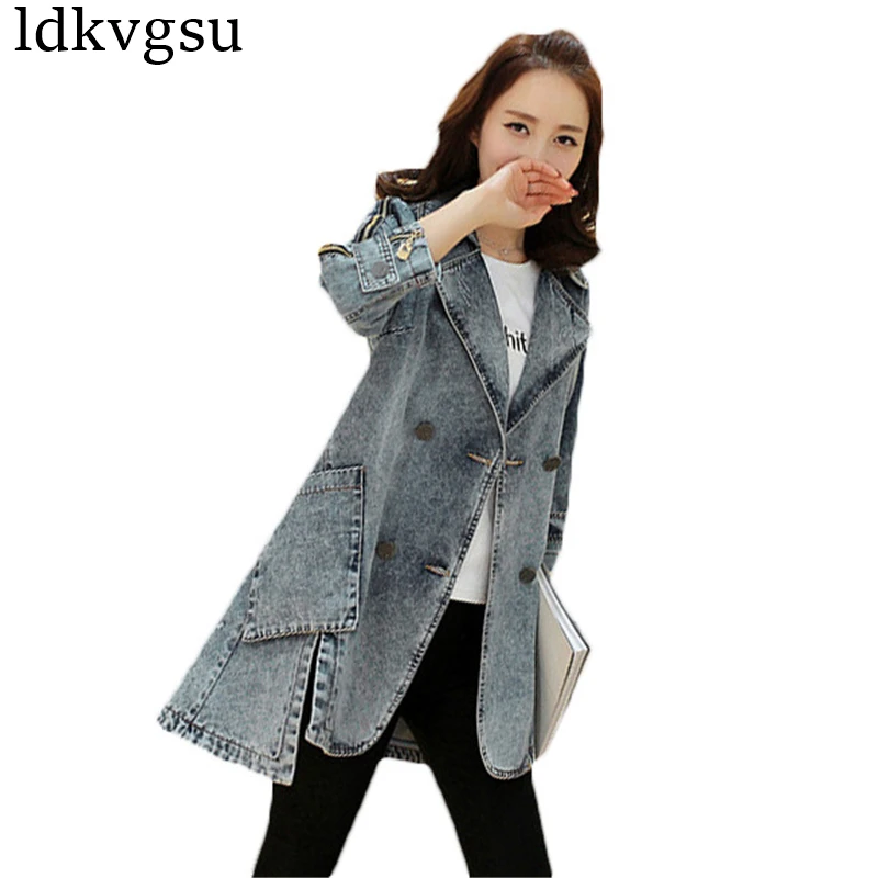 

Fashion 2019 Spring Autumn Coats Women New Korean Loose Jeans Windbreaker Female Outerwear Plus Size Denim Trench Coat A583