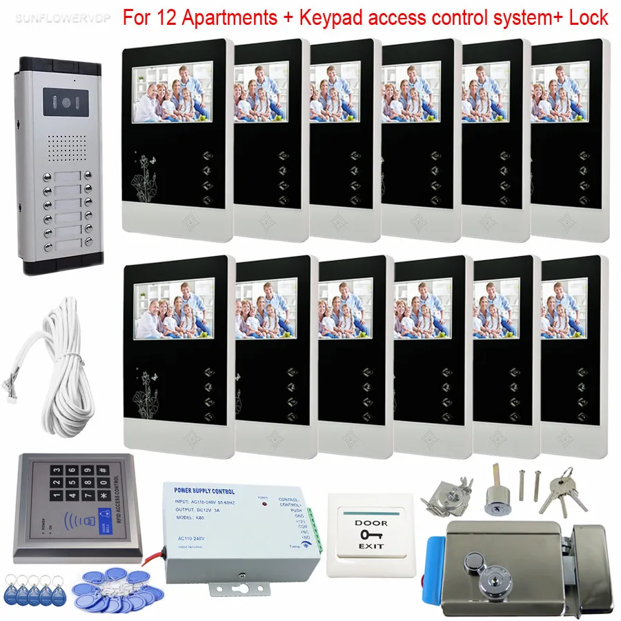 12 Apartments Video Door Phone Intercom With Keypad Rfid/Code System Door Bell Intercom 12 Color 4.3\ Lcd + Eletronic Lock Kit