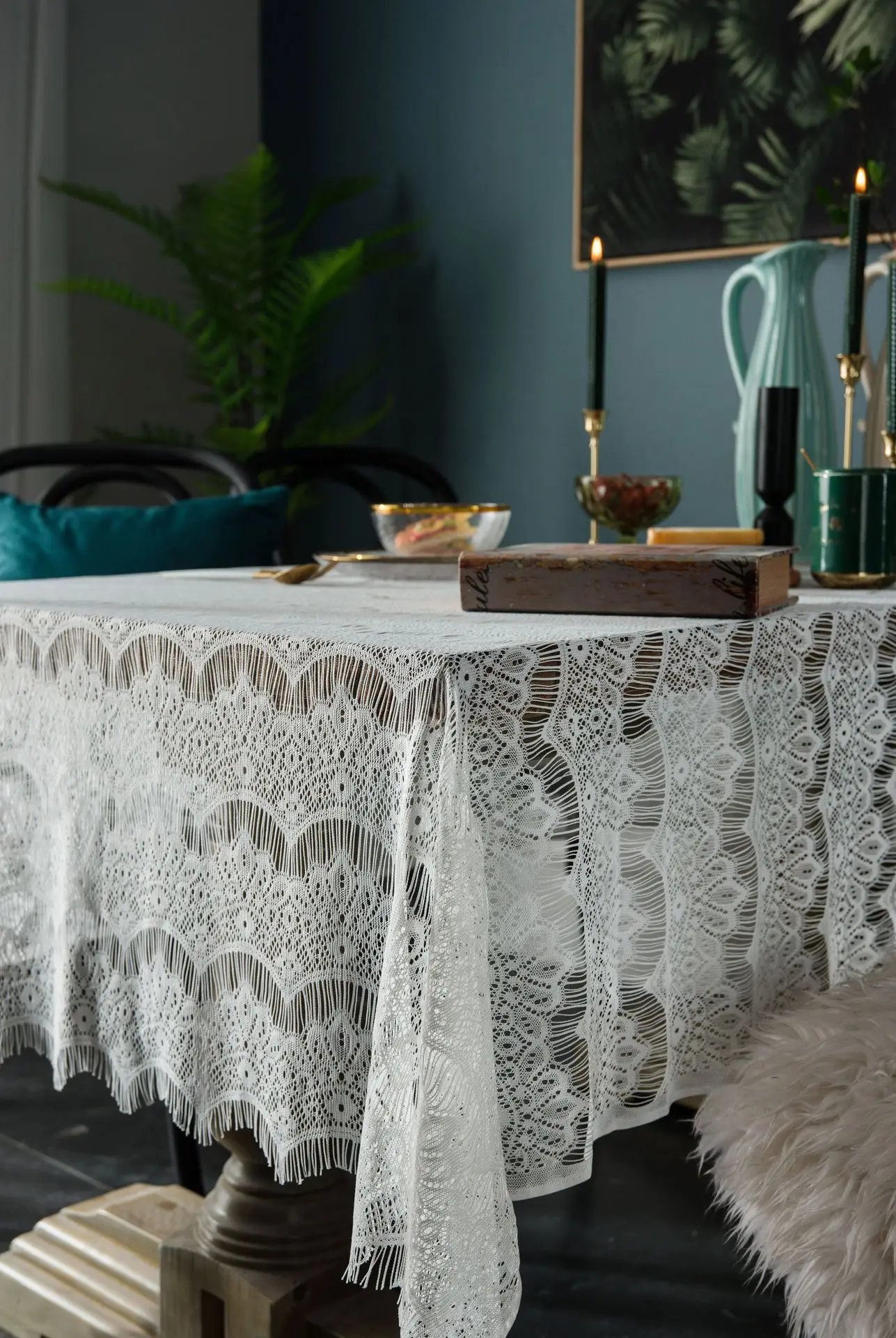 White Lace Tablecloth Rectangle Wedding Romantic Hollow Decoration Table Cover Clothes Napkin Coffee Cafe Tea Table Decor Cloth