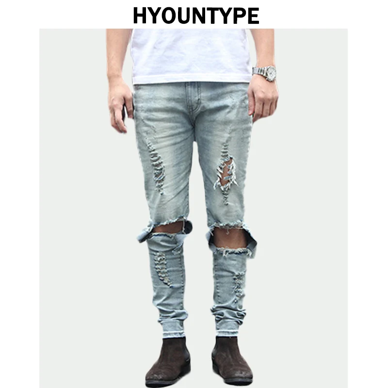 

Fashion Designed Slim Fit Ripped Biker Jeans Hi-Street Mens Distressed Denim Joggers Knee Holes Washed Destroyed Jeans Men Pants