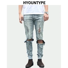 Мода Разработанный Slim Fit рваные байкерские джинсы Привет-улица Для мужчин s Distressed Denim Joggers отверстия на коленях мыть Уничтожено джинсы для мужчин брюки