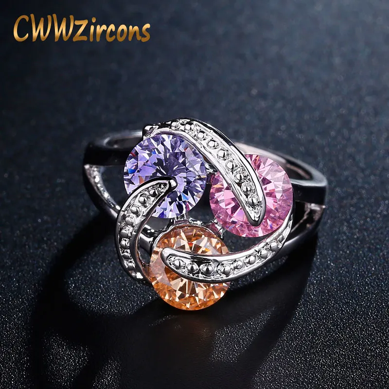 

CWWZircons Rotating Design Sparkling Pink Yellow Purple CZ Crystal Engagement Rings for Women 925 Sterling Silver Jewelry R096