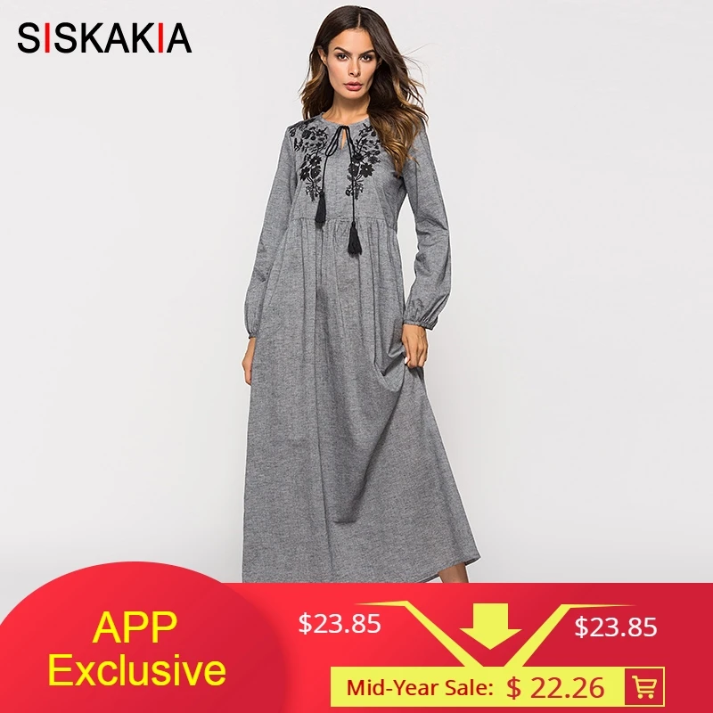 Siskakia Autumn Fall 2018 Women Dress Floral Embroidery High Waist
