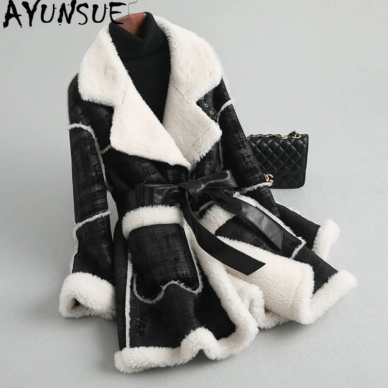 

AYUNSUE Real Fur Coat Female Faux Leather Jacket 2019 Winter Jacket Women 100% Wool Coats and Jackets Women Korean Outerwear MY