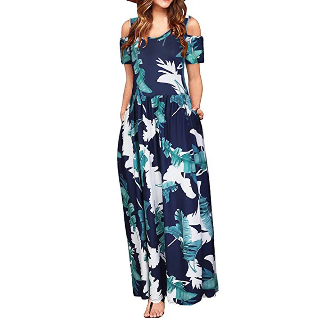 

Feitong Elegant Cold Shoulder Long Dress Women Summer Floral Print Maxi Dress With Pocket Ladies Dresses Vestidos Verano 2019