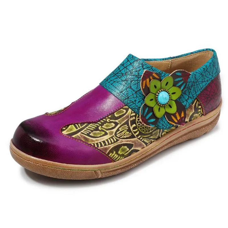

Large size 41 42 casual purple flower women's shoes Leather handmade flat shoes spring and autumn Boat shoes Female flats obuv