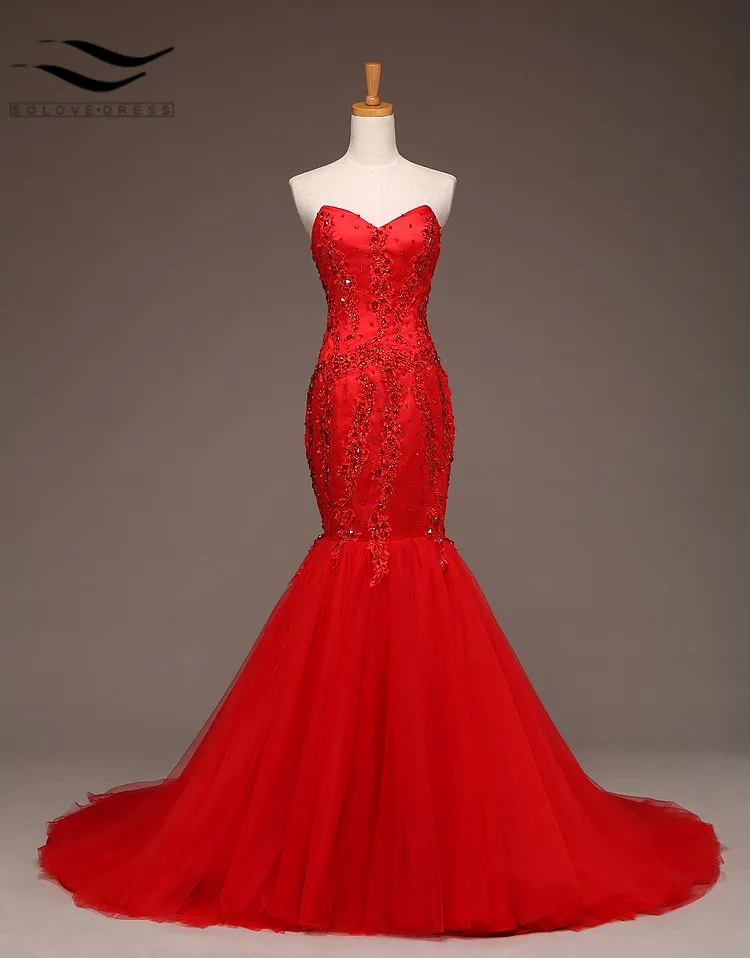 Сексуальные красные длинные кружевные вечерние платья со шлейфом 2018 новый стиль