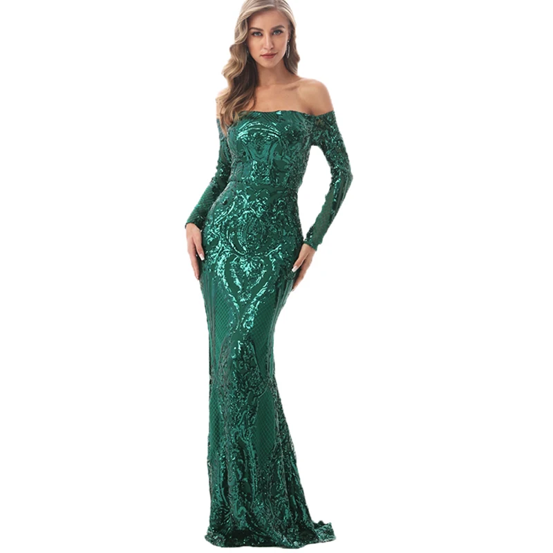 

2019 Elastic Green Sequin Sexy Hollow Out Slash Neck Floor Length Party Dress V Neck Backless Tight Package Hips Summer Dress