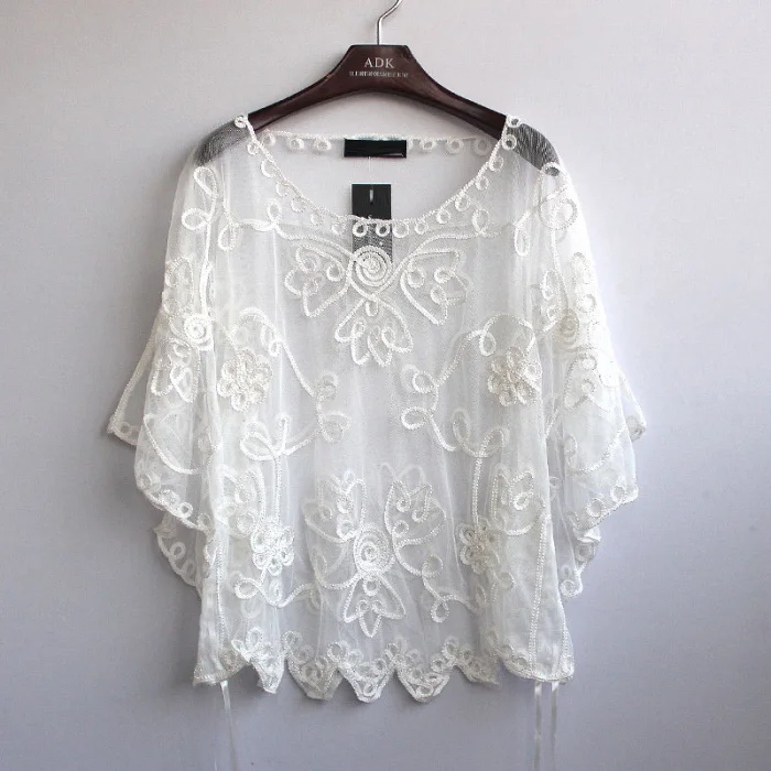 Белые, черные, женские шифоновые кружевные топы Новые летние женские блузки с коротким рукавом, блузка, открытая женская рубашка, женская одежда 803J