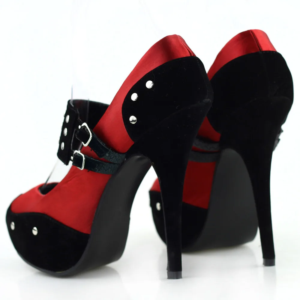 LF30438 Ladies Satin Black Suede Ankle Strap Stud Buckle Platform EVE Shoes