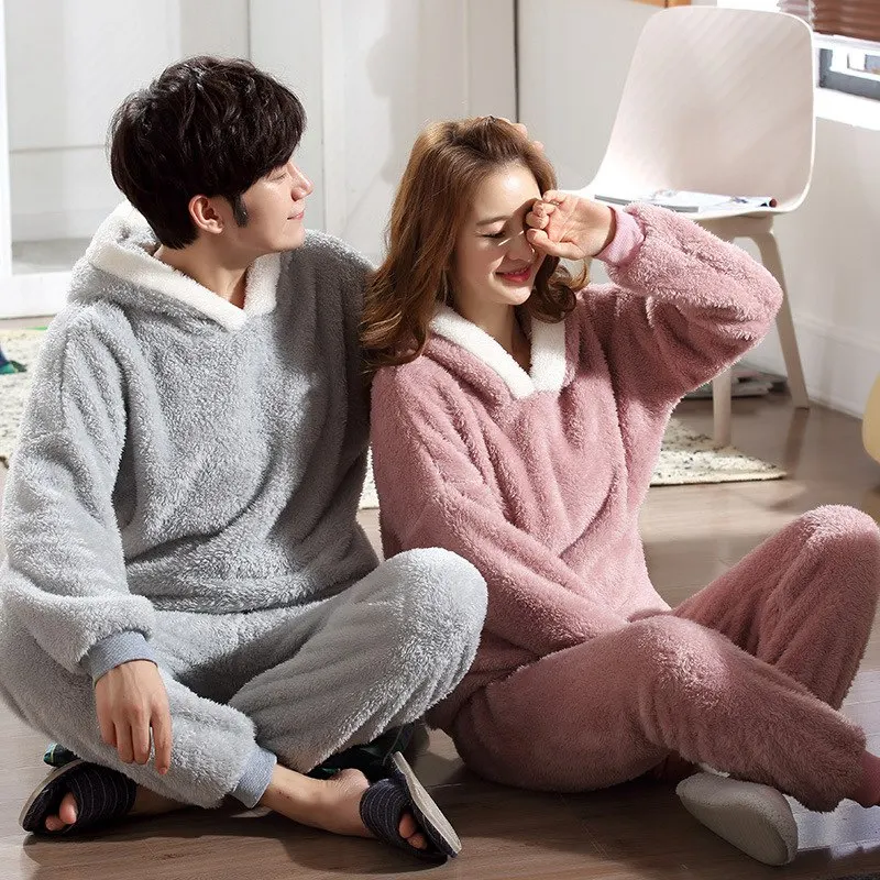

JINUO New Arrival Winter Young Couples Plush Thicken Pajama Set Lovers Cartoon Style Lovely Rabbit Warm Soft Home Wear Sleepwear