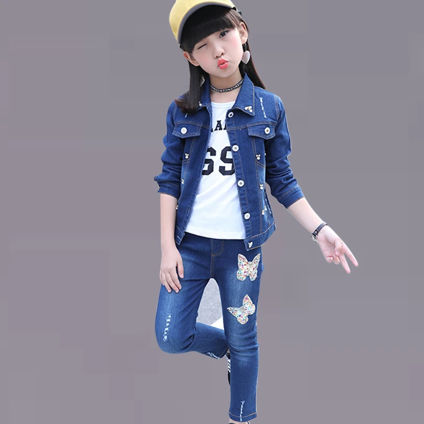 

Autumn Denim Kids Clothes Sequins Butterfly Jacket+Pants 2 Pcs Fashion Set Girls Spring Teenage Girls Clothing For 6 8 12 Years