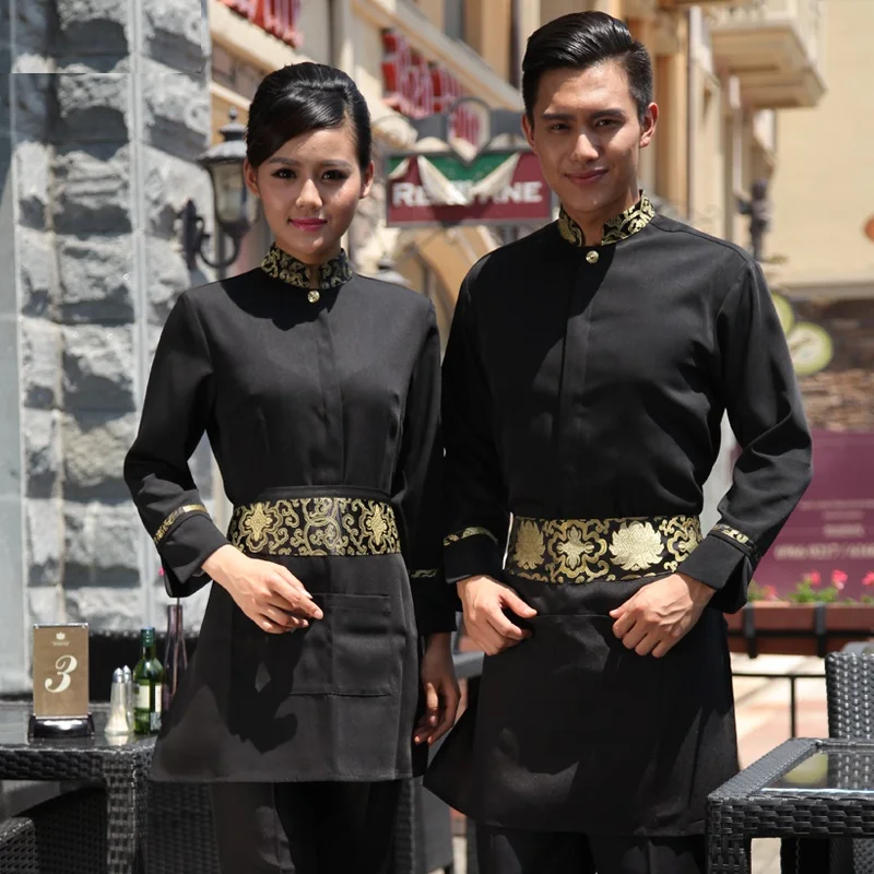 

(10 set-Shirt&Apron)Long-sleeve waitress work wear bartender overalls cafe attendant clothes with aprons Hotel waiter tooling