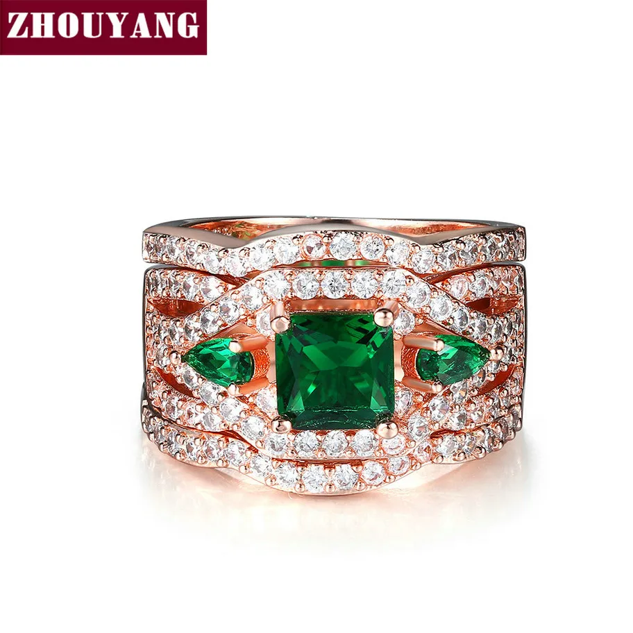 ZHOUYANG, набор обручальных колец для женщин, классический комплект из 3 колец с кубическим цирконием, вечерние кольца серебряного цвета, подарок ZYR643 ZYR711 - Цвет основного камня: RoseGold Green