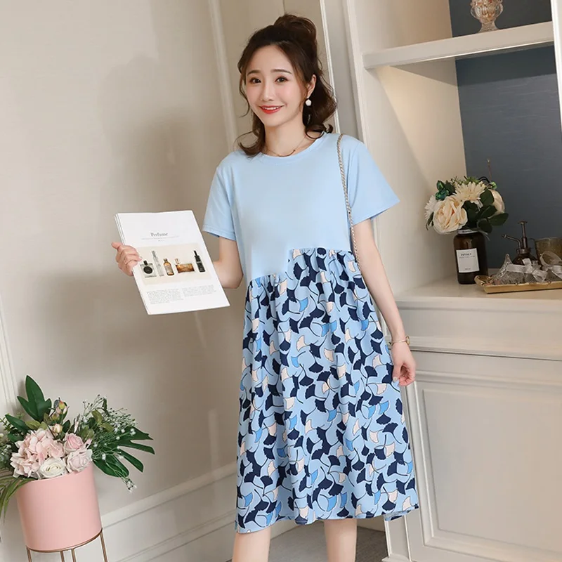 

2019 cotton pregnant women summer new short-sleeved shirt pregnant women knee skirt loose dress pregnancy skirt