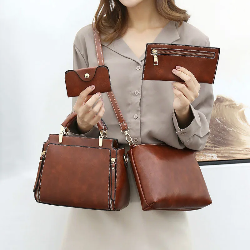 

4 Pcs/Set Women Bags pu Leather Vintage Female Handbags Casual Lady hand Bag Clutch Bags For Women Card Holder