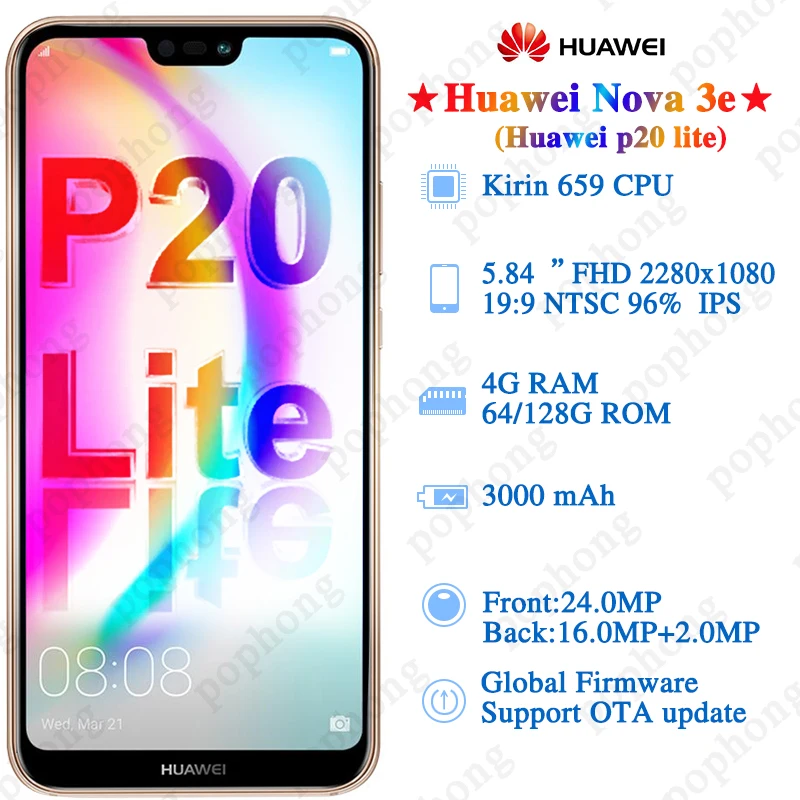 Глобальная прошивка huawei P20 Lite Nova 3e смартфон 4 Гб 64 Гб/128 ГБ 5,84 дюйма Android 8,0 стеклянный корпус 24 МП фронтальная камера Face ID