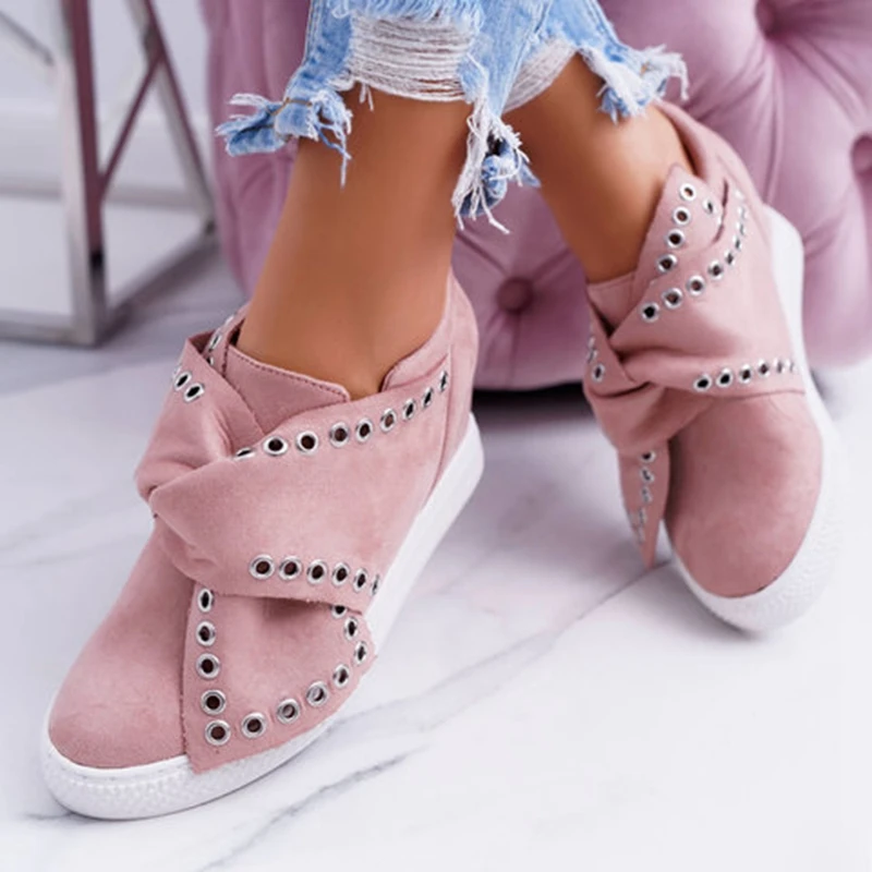 

Casual Flat Plus Size Women Sneakers Ladies Suede Bow Tie Slip On Comfort Vulcanized Shoes Female Increase in Flats Footwear