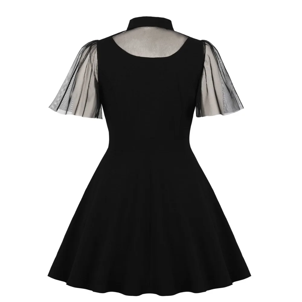 Женское Сетчатое платье с рукавами-рюшами, женское винтажное платье-рубашка с алмазным вырезом 1950 s, маленькое черное платье с расклешенным подолом