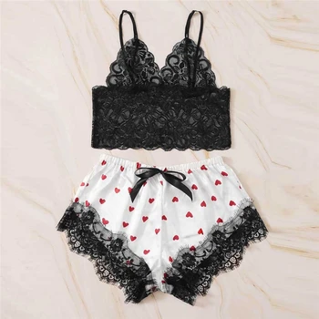 

Hot 2 Pieces Women Satin Lace Silk Print Camisole Shorts Bow Set Sleepwear Pajamas Lingerie Heart Print Babydoll Sleepwear A20