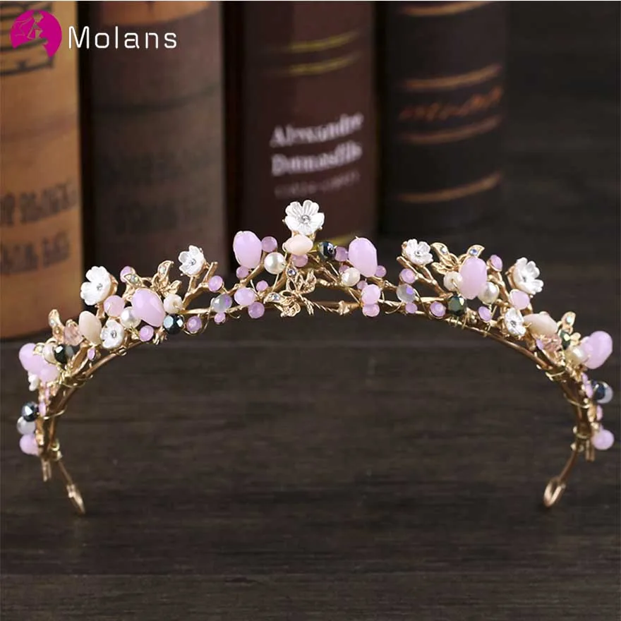 

MOLANS Pink Crystal Flower Wedding Crown for Bride Pearl Water Drill Beads Twisted Golden Alloy Headbands for Party/Photography
