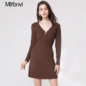 

Casual Button knitted sweater dress Slim V neck Dress sexy Sweater dress pullover female 2018 Autumn winter dress Sexy Vestidos