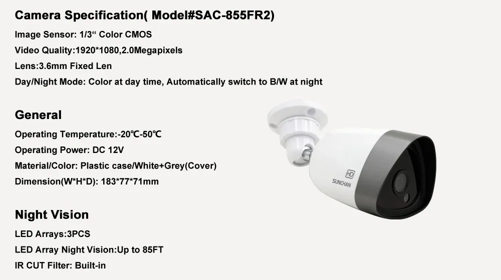 SUNCHAN 2.0Megapixel Outdoor 1080P HD Security CCTV System Night Vision Camera