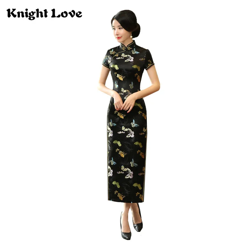 Модное китайское традиционное платье с коротким рукавом Cheongsam черное вискозное